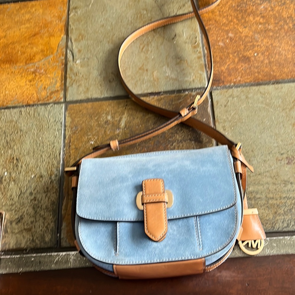 Michael Kors blue suede with saddle back has mk medal nwot zipper in side lining